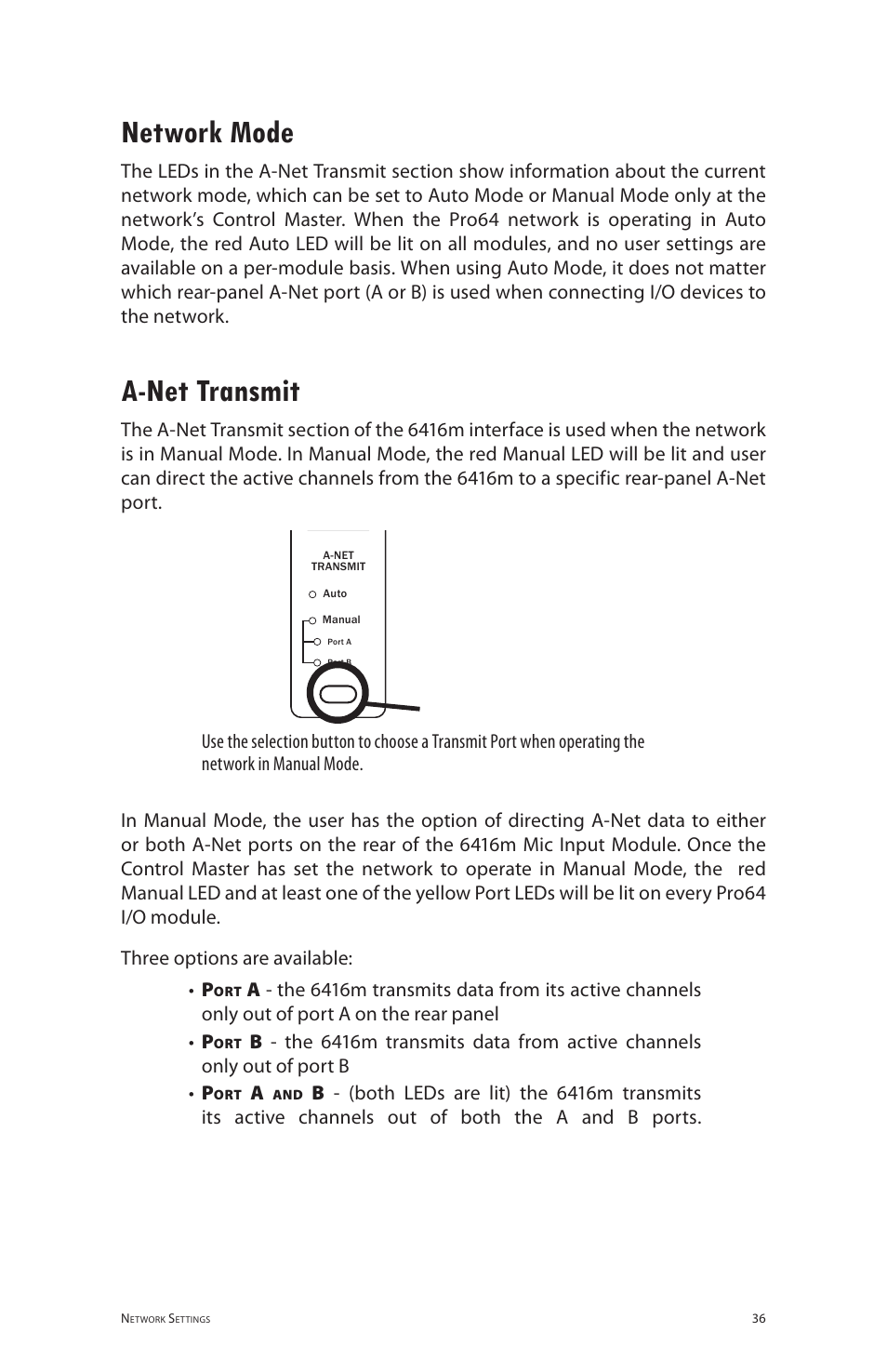 Network mode, A-net transmit, Network mode a‑net transmit | Aviom 6416m/RCI/MCS User Manual | Page 47 / 147