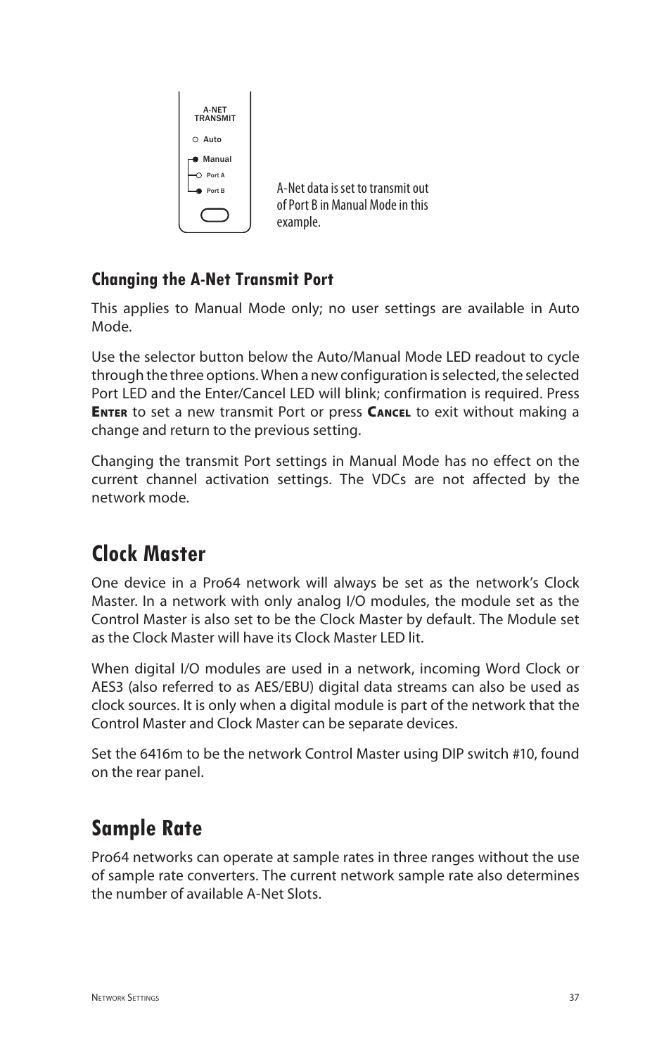 Changing the a-net transmit port, Clock master, Sample rate | Changing the a‑net transmit port, Clock master sample rate | Aviom 6416m/RCI/MCS User Manual | Page 48 / 147
