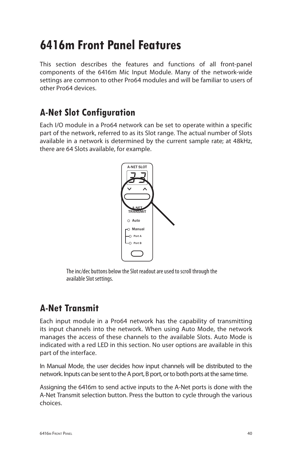 6416m front panel features, A-net slot configuration, A-net transmit | A‑net slot configuration a‑net transmit | Aviom 6416m/RCI/MCS User Manual | Page 51 / 147