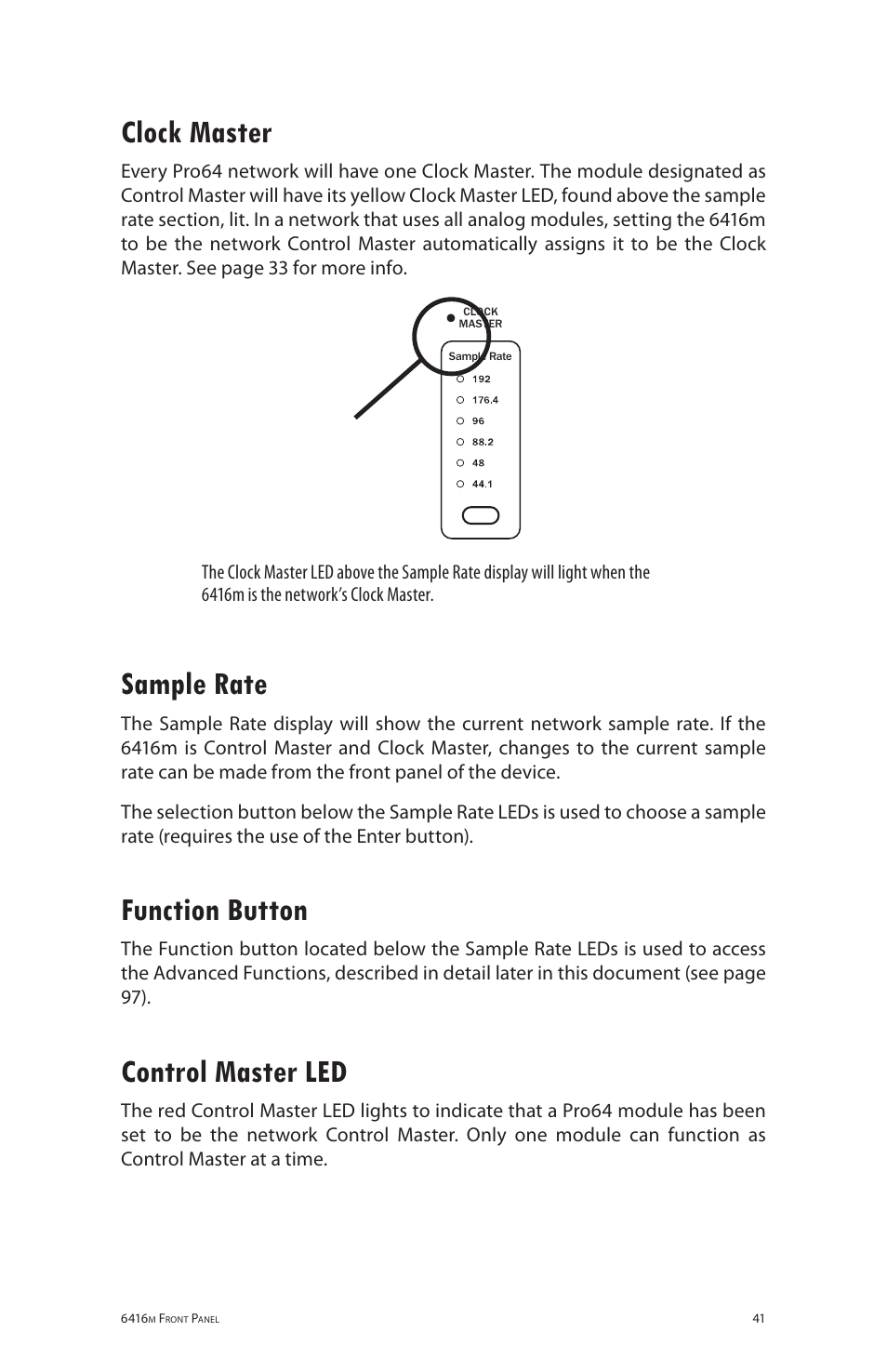 Clock master, Sample rate, Function button | Control master led | Aviom 6416m/RCI/MCS User Manual | Page 52 / 147