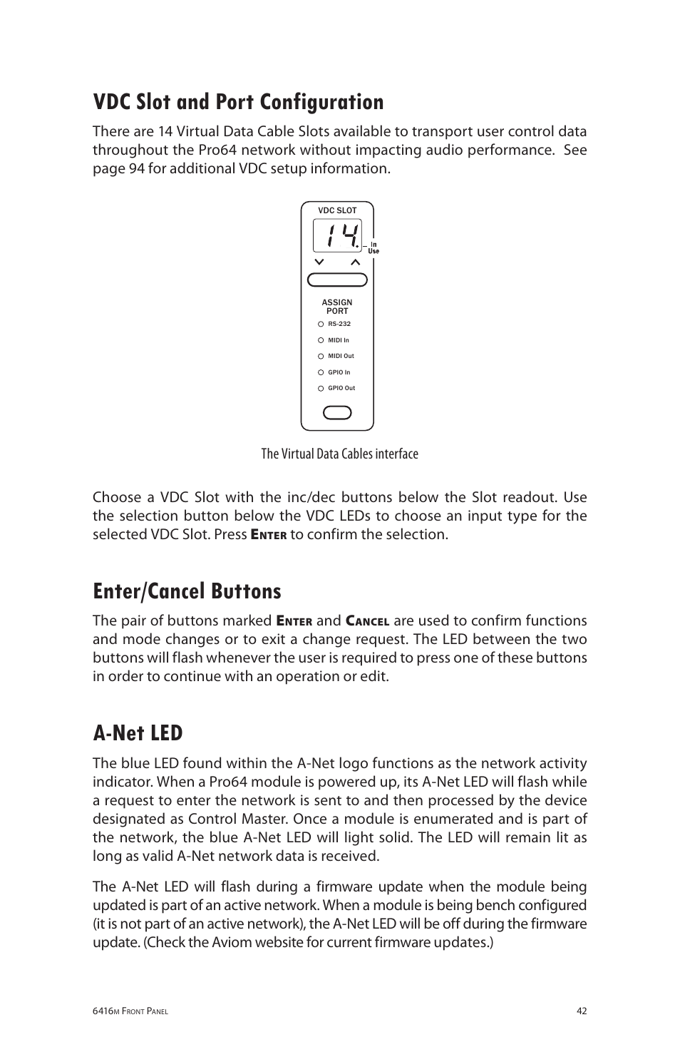 Vdc slot and port configuration, Enter/cancel buttons, A-net led | The pair of buttons marked e, And c | Aviom 6416m/RCI/MCS User Manual | Page 53 / 147