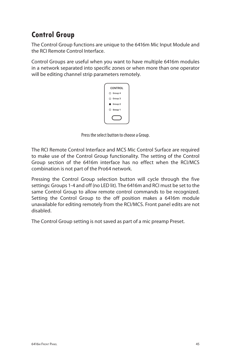 Control group | Aviom 6416m/RCI/MCS User Manual | Page 56 / 147