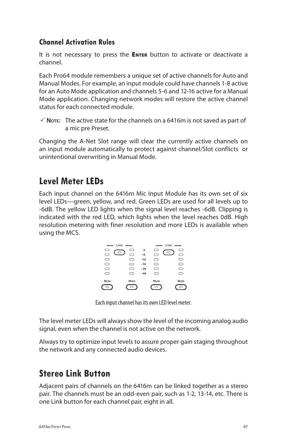 Channel activation rules, Level meter leds, Stereo link button | Level meter leds stereo link button, It is not necessary to press the e | Aviom 6416m/RCI/MCS User Manual | Page 58 / 147