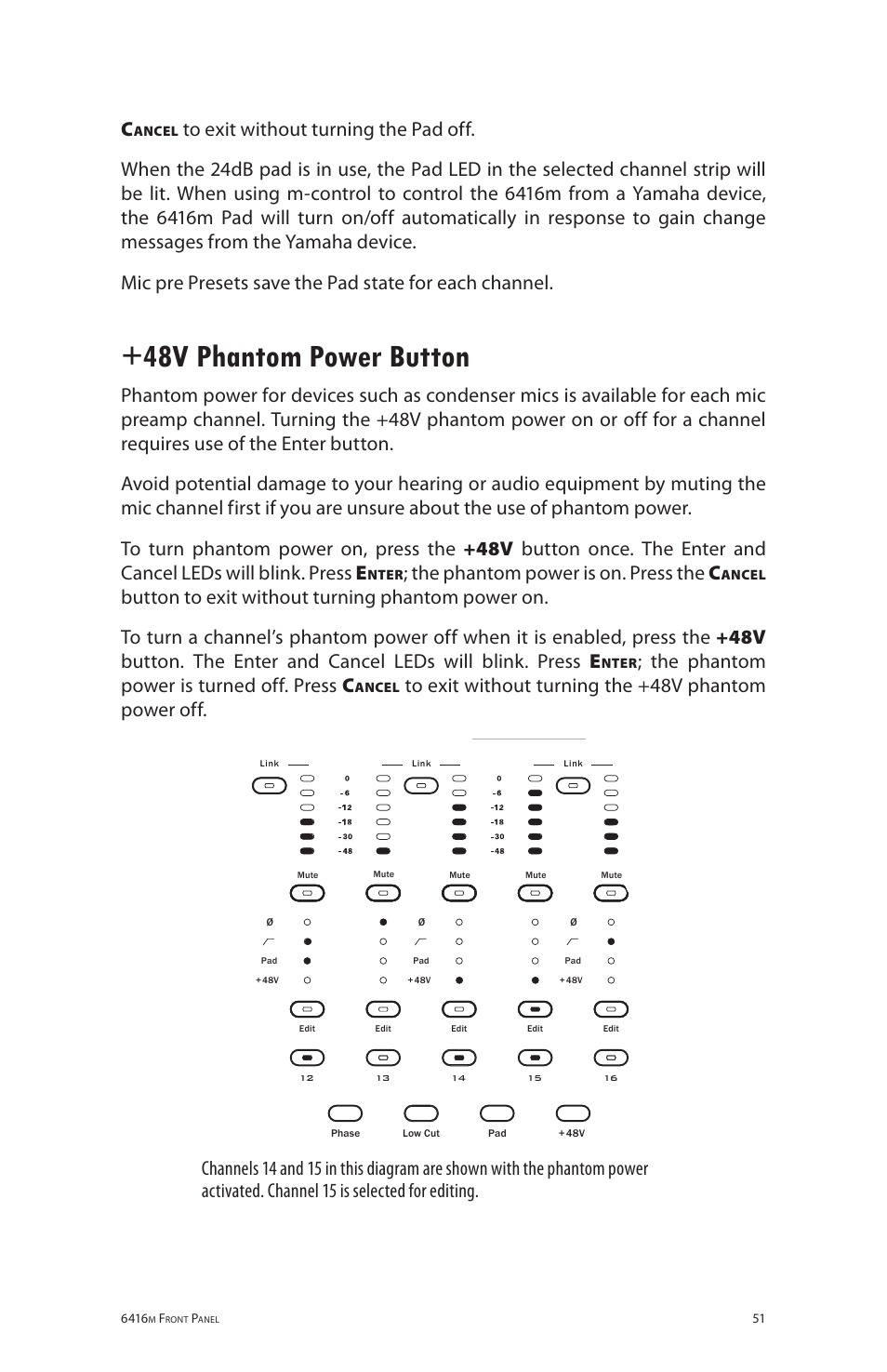 48v phantom power button, The phantom power is on. press the c, The phantom power is turned off. press c | Aviom 6416m/RCI/MCS User Manual | Page 62 / 147
