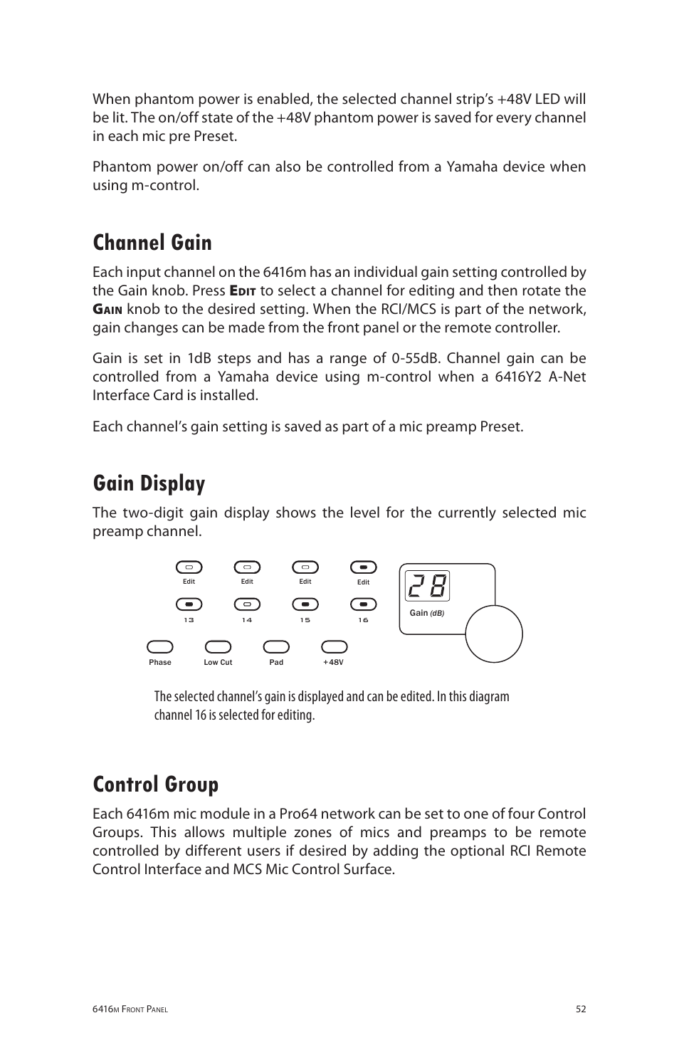 Channel gain, Gain display, Control group | Channel gain gain display control group | Aviom 6416m/RCI/MCS User Manual | Page 63 / 147