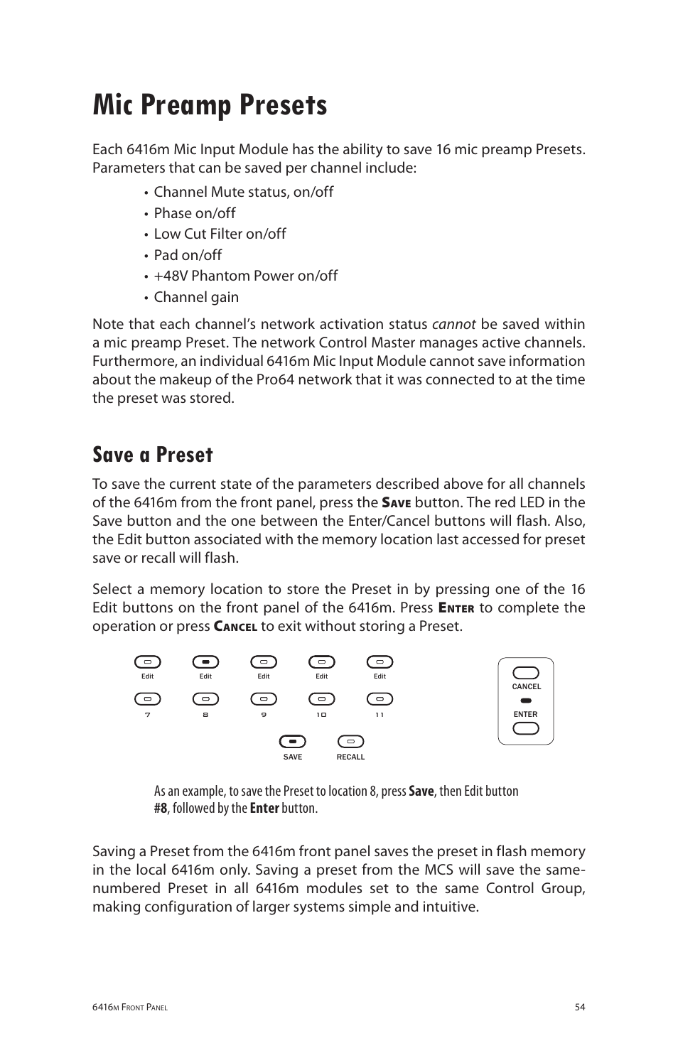 Mic preamp presets, Save a preset | Aviom 6416m/RCI/MCS User Manual | Page 65 / 147