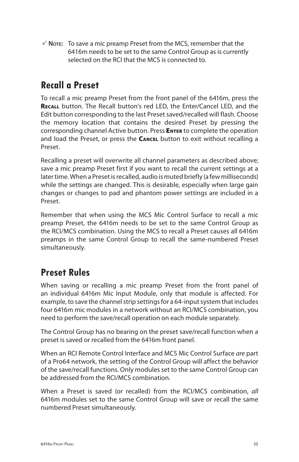 Recall a preset, Preset rules, Recall a preset preset rules | Aviom 6416m/RCI/MCS User Manual | Page 66 / 147