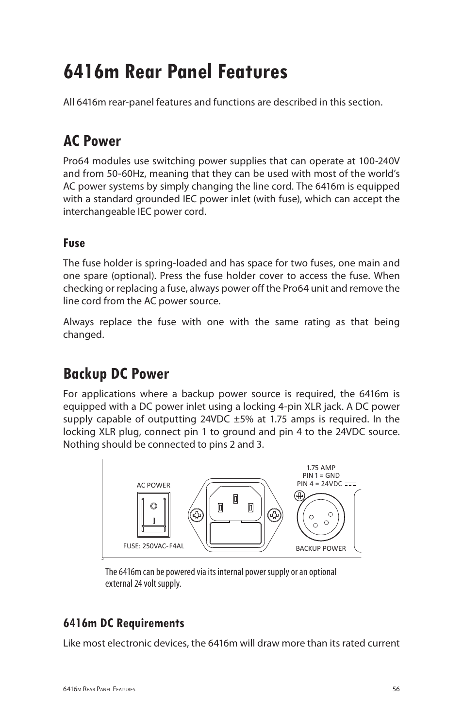 6416m rear panel features, Ac power, Fuse | Backup dc power, 6416m dc requirements | Aviom 6416m/RCI/MCS User Manual | Page 67 / 147