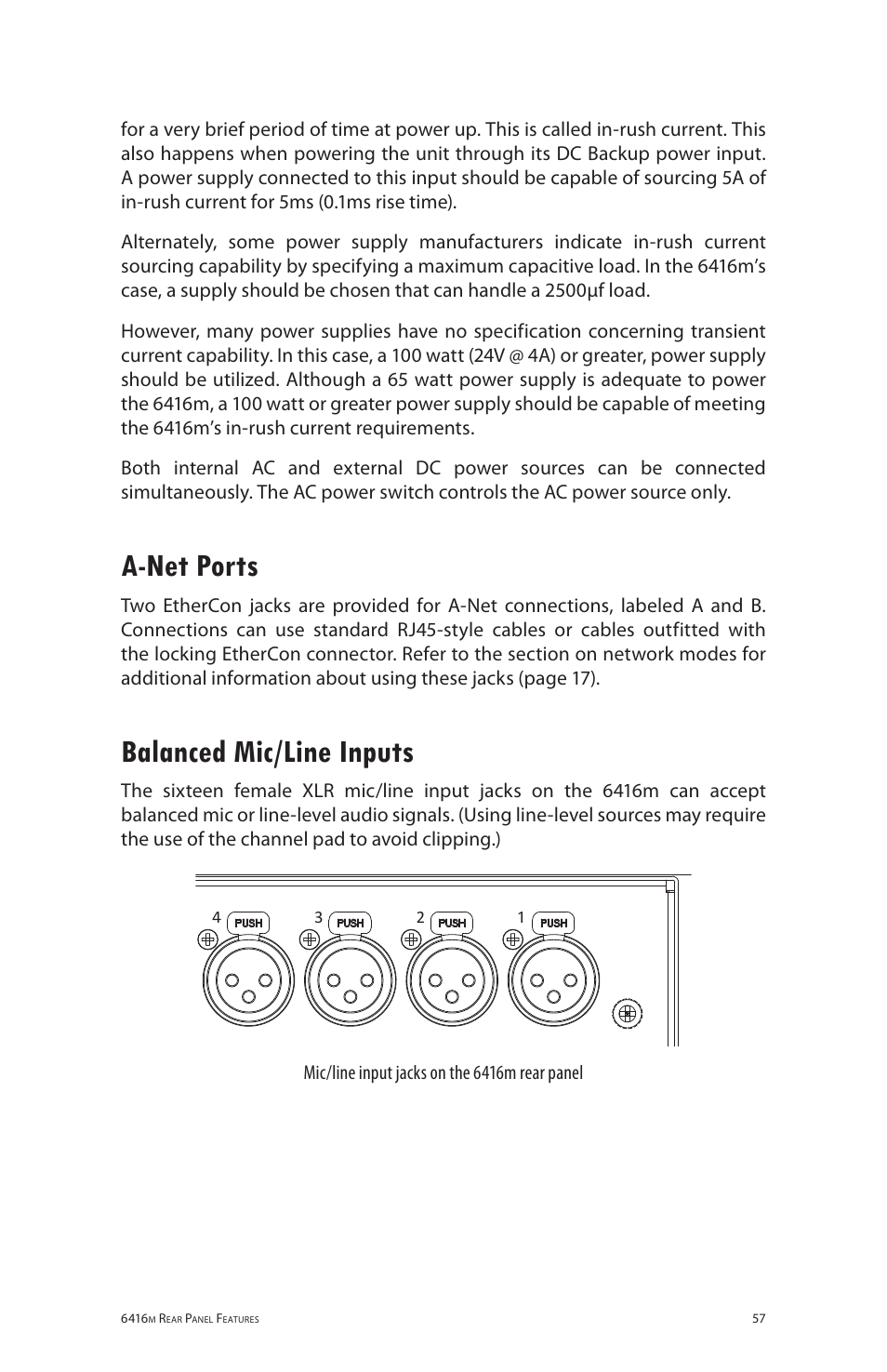 A-net ports, Balanced mic/line inputs, A‑net ports balanced mic/line inputs | Aviom 6416m/RCI/MCS User Manual | Page 68 / 147