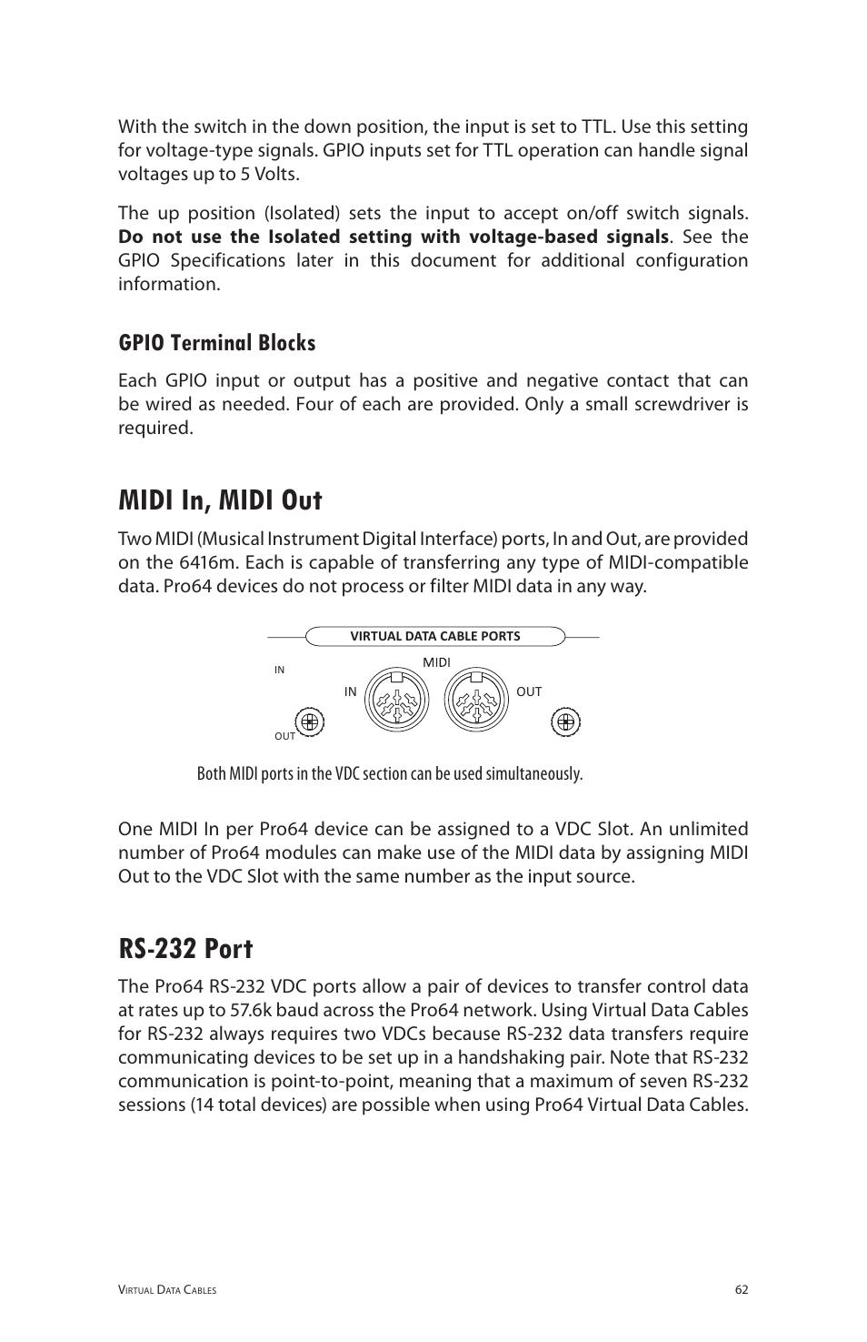 Gpio terminal blocks, Midi in, midi out, Rs-232 port | Midi in, midi out rs‑232 port | Aviom 6416m/RCI/MCS User Manual | Page 73 / 147