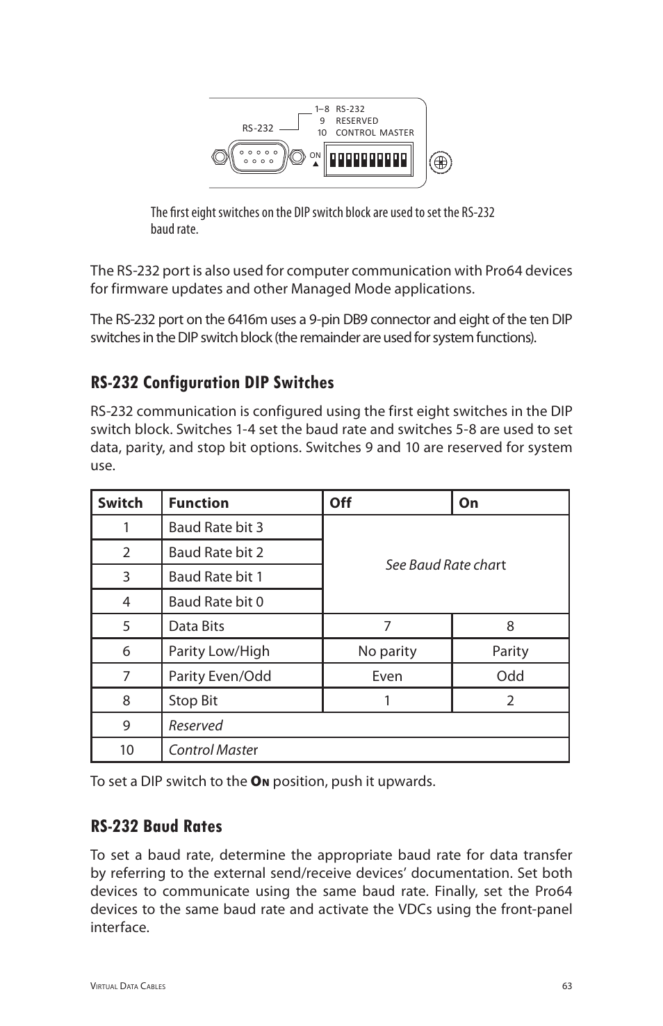 Rs-232 configuration dip switches, Rs-232 baud rates | Aviom 6416m/RCI/MCS User Manual | Page 74 / 147