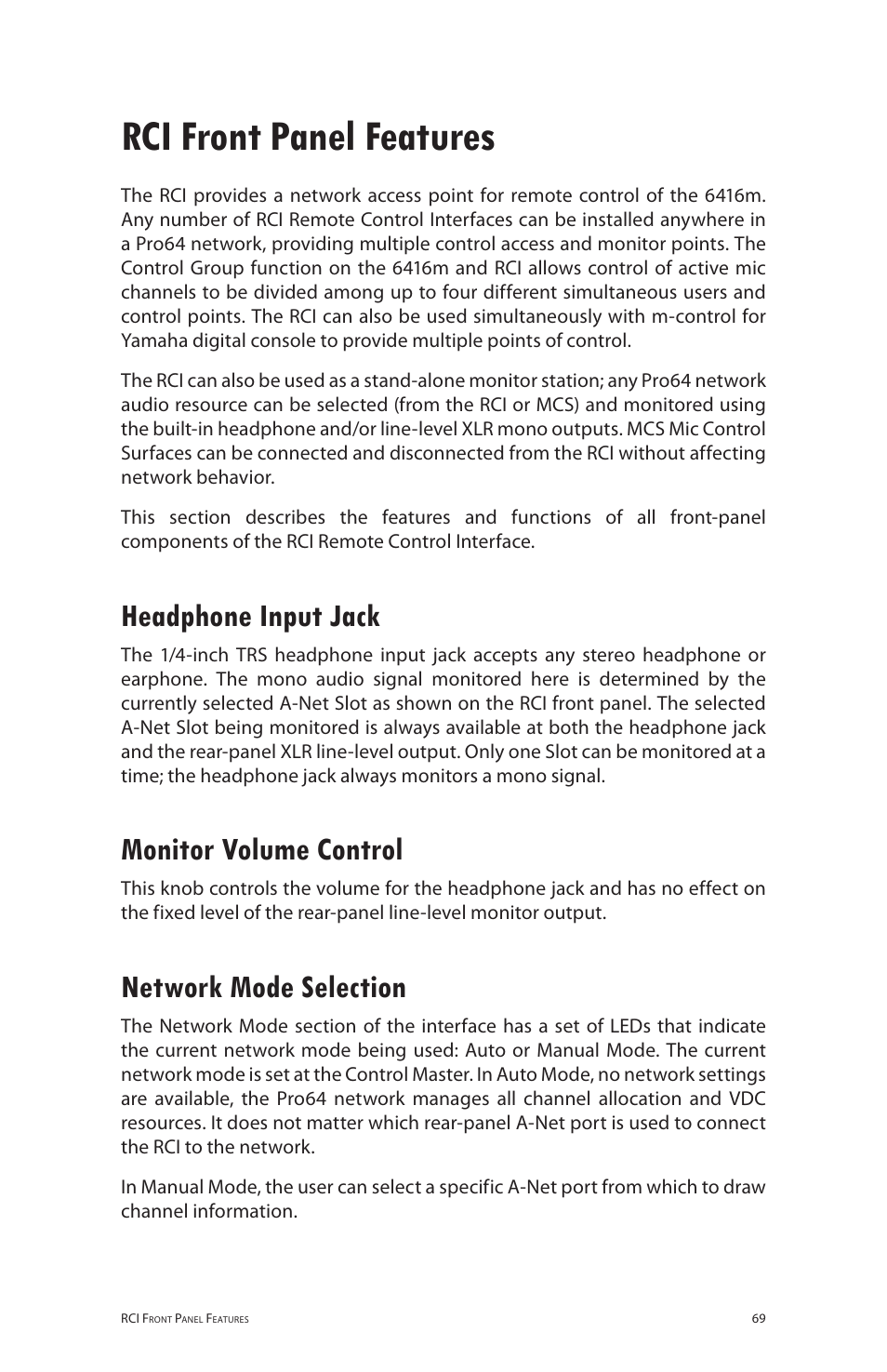 Rci front panel features, Headphone input jack, Monitor volume control | Network mode selection | Aviom 6416m/RCI/MCS User Manual | Page 80 / 147