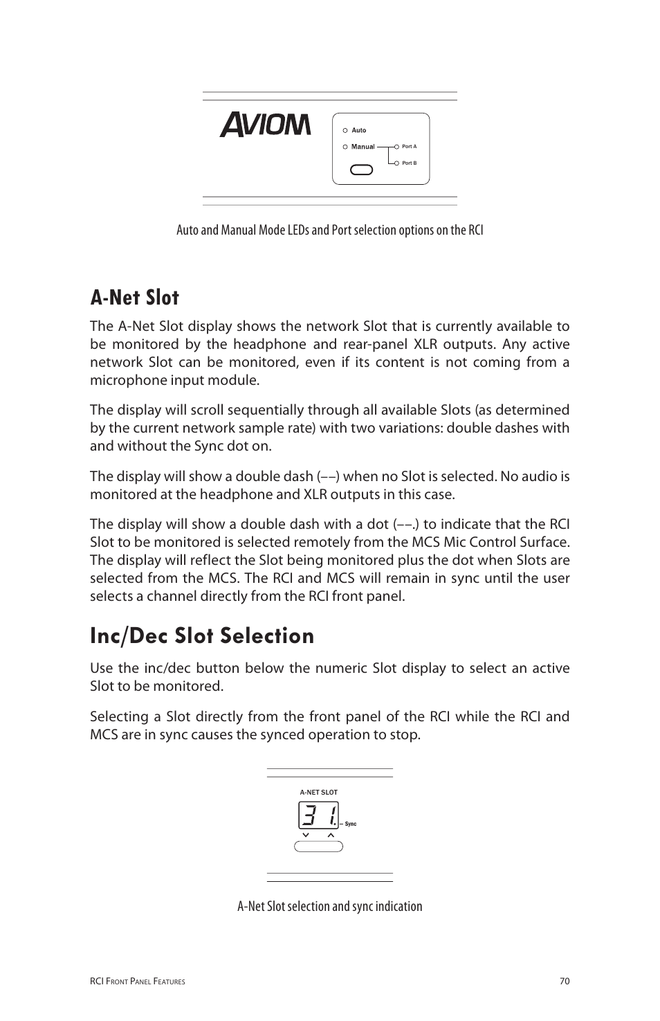 A-net slot, A‑net slot, Inc/dec slot selection | A-net slot selection and sync indication | Aviom 6416m/RCI/MCS User Manual | Page 81 / 147