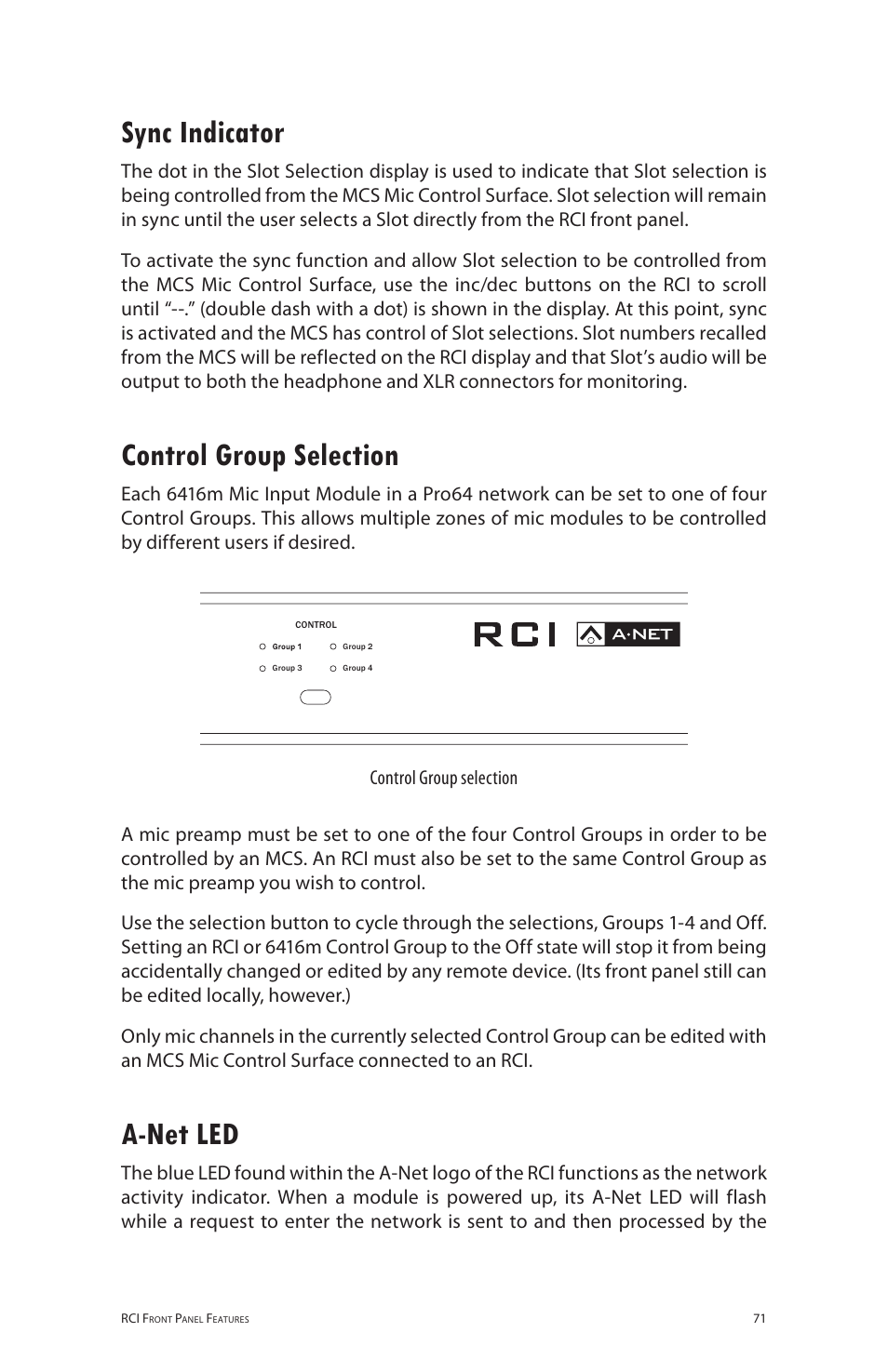 Sync indicator, Control group selection, A-net led | Sync indicator control group selection a‑net led | Aviom 6416m/RCI/MCS User Manual | Page 82 / 147