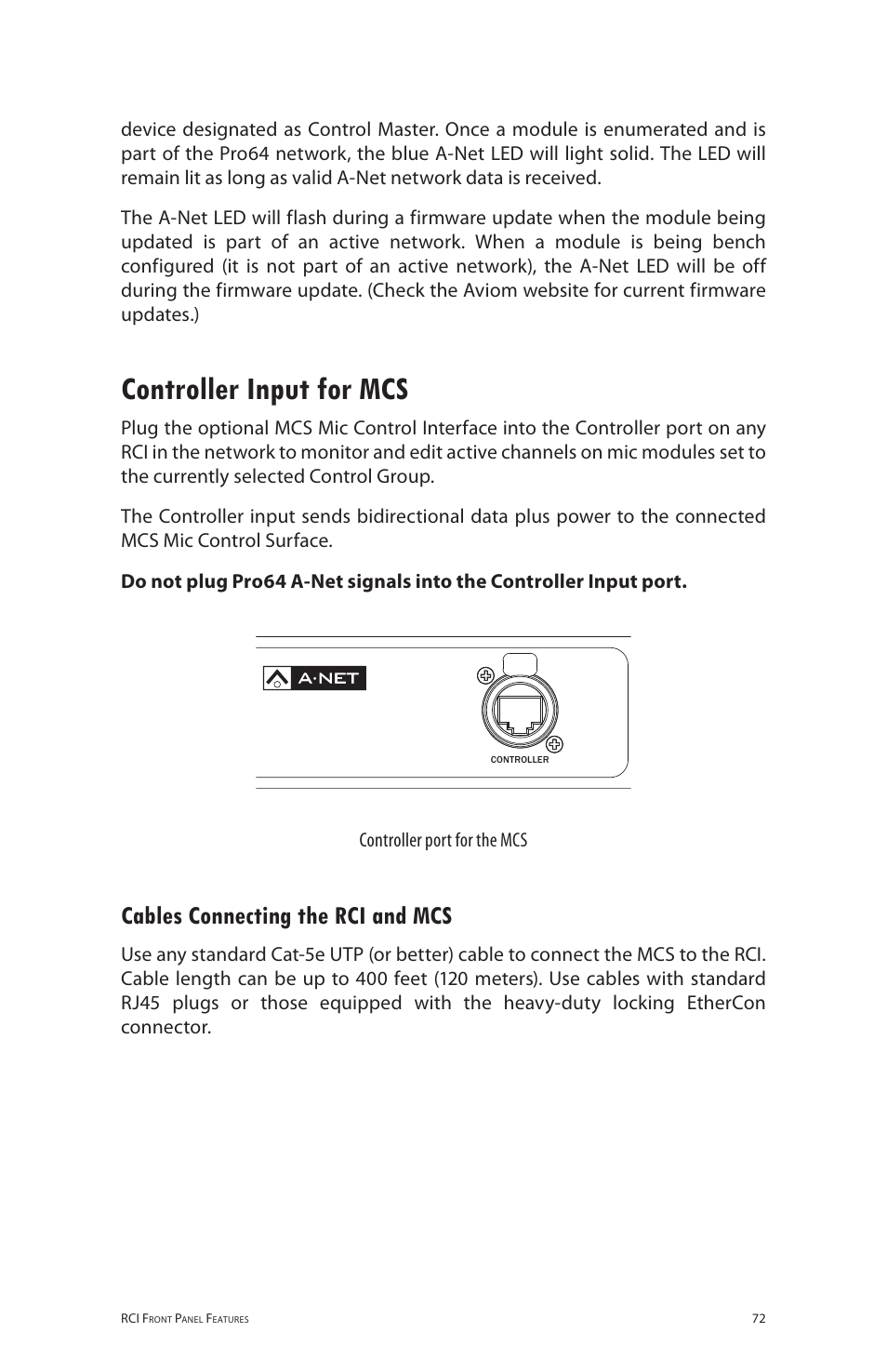 Controller input for mcs, Cables connecting the rci and mcs, Controller port for the mcs | Aviom 6416m/RCI/MCS User Manual | Page 83 / 147