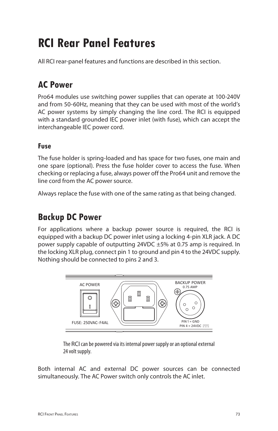 Rci rear panel features, Ac power, Fuse | Backup dc power, Remote control interface | Aviom 6416m/RCI/MCS User Manual | Page 84 / 147