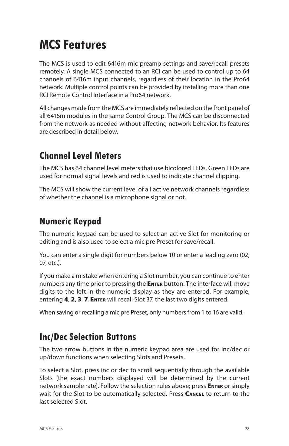 Mcs features, Channel level meters, Numeric keypad | Inc/dec selection buttons | Aviom 6416m/RCI/MCS User Manual | Page 89 / 147