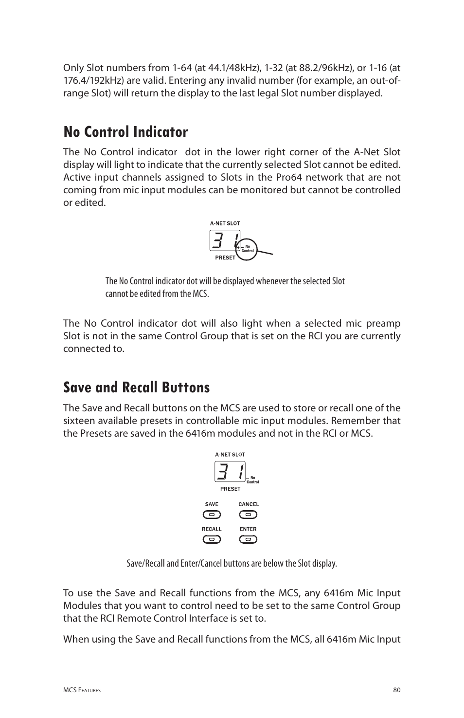 No control indicator, Save and recall buttons, No control indicator save and recall buttons | Aviom 6416m/RCI/MCS User Manual | Page 91 / 147