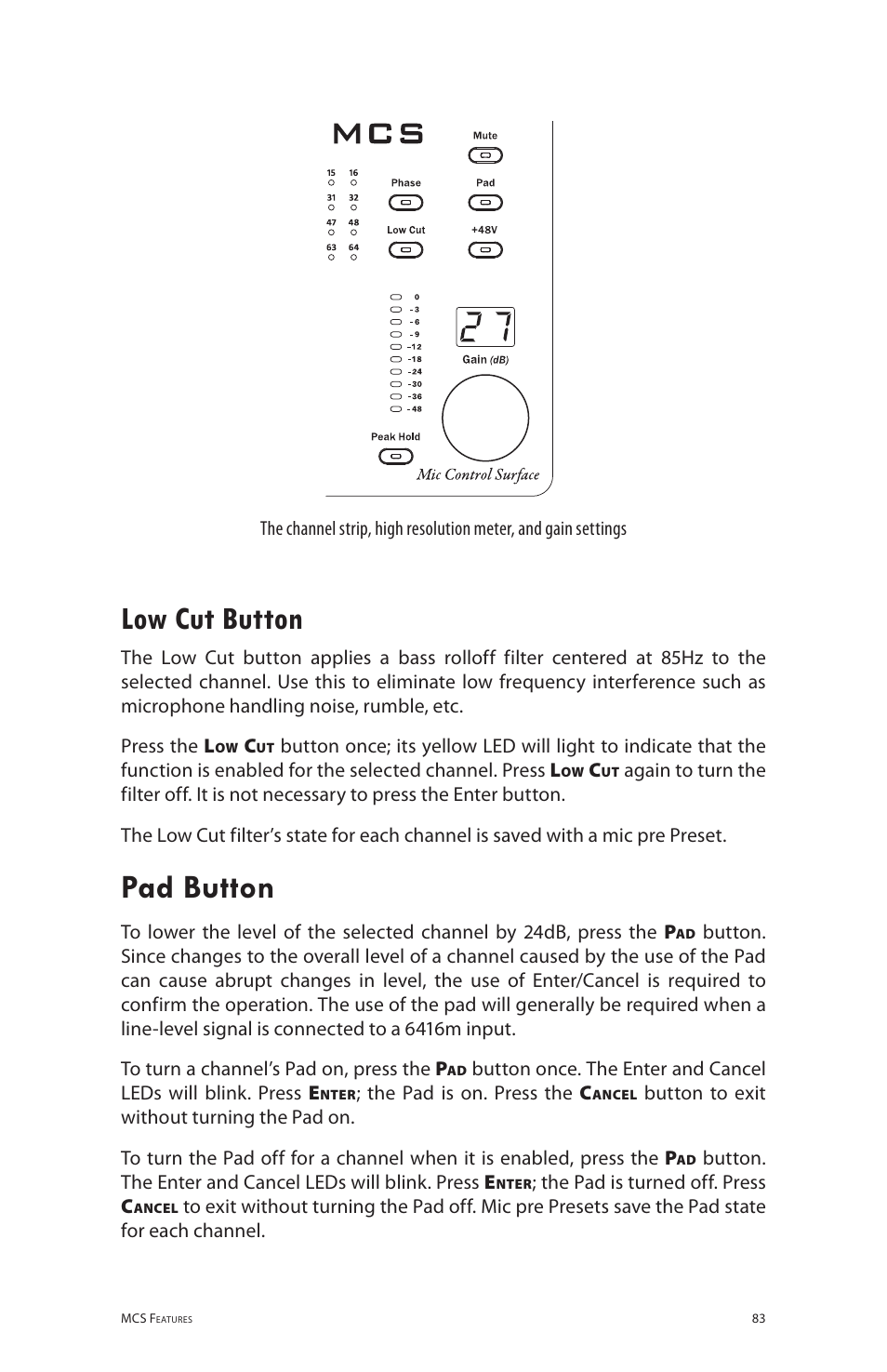 Low cut button, Pad button | Aviom 6416m/RCI/MCS User Manual | Page 94 / 147