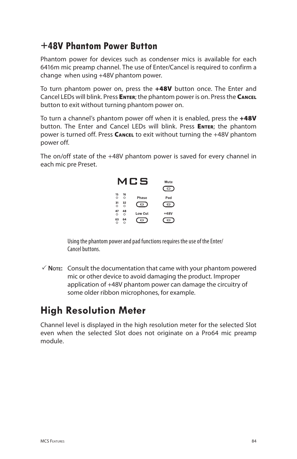 48v phantom power button, High resolution meter | Aviom 6416m/RCI/MCS User Manual | Page 95 / 147
