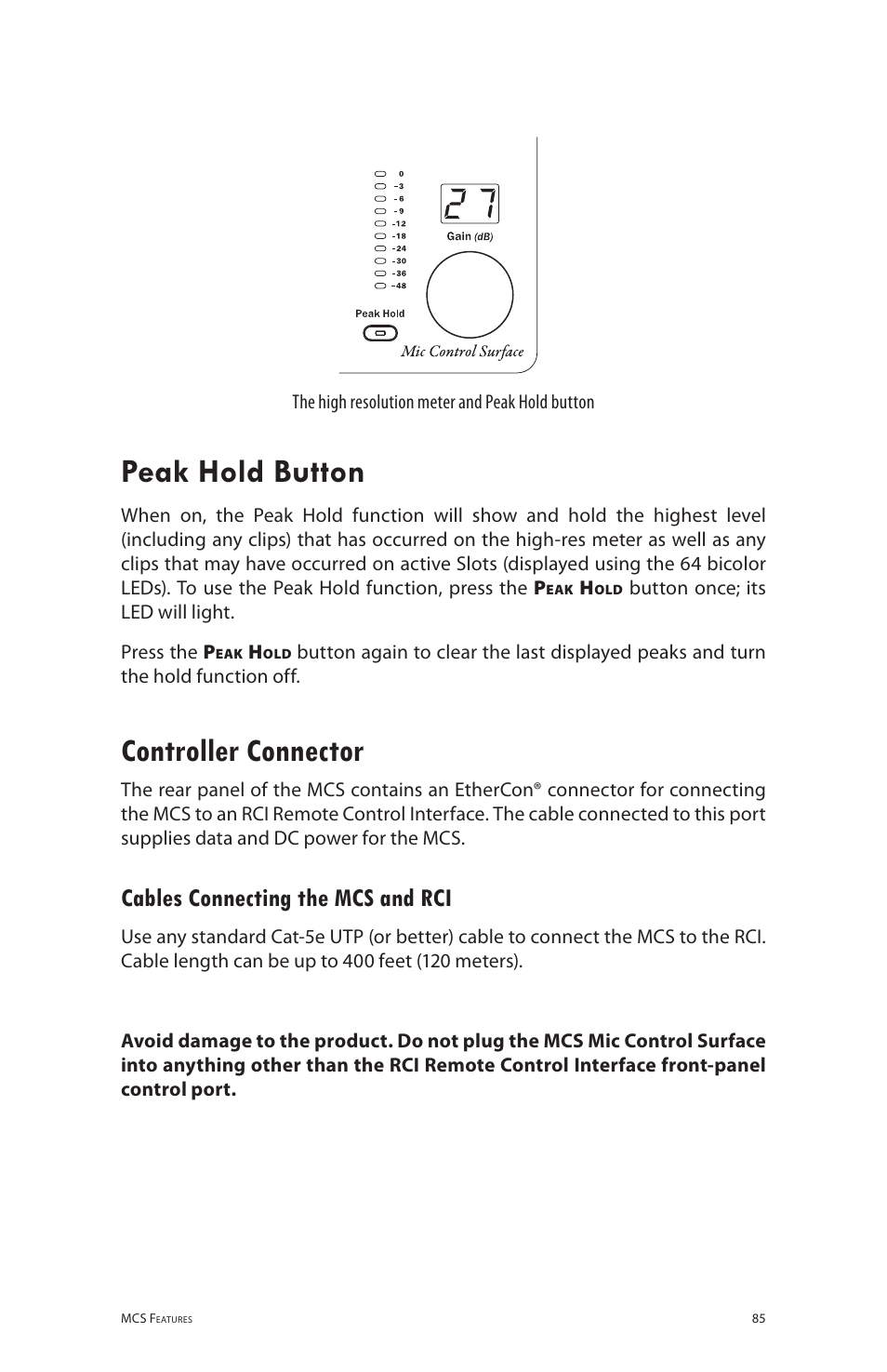 Controller connector, Cables connecting the mcs and rci, Peak hold button | Aviom 6416m/RCI/MCS User Manual | Page 96 / 147