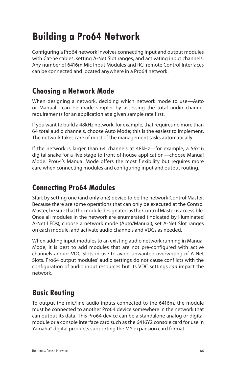 Building a pro64 network, Choosing a network mode, Connecting pro64 modules | Basic routing | Aviom 6416m/RCI/MCS User Manual | Page 97 / 147