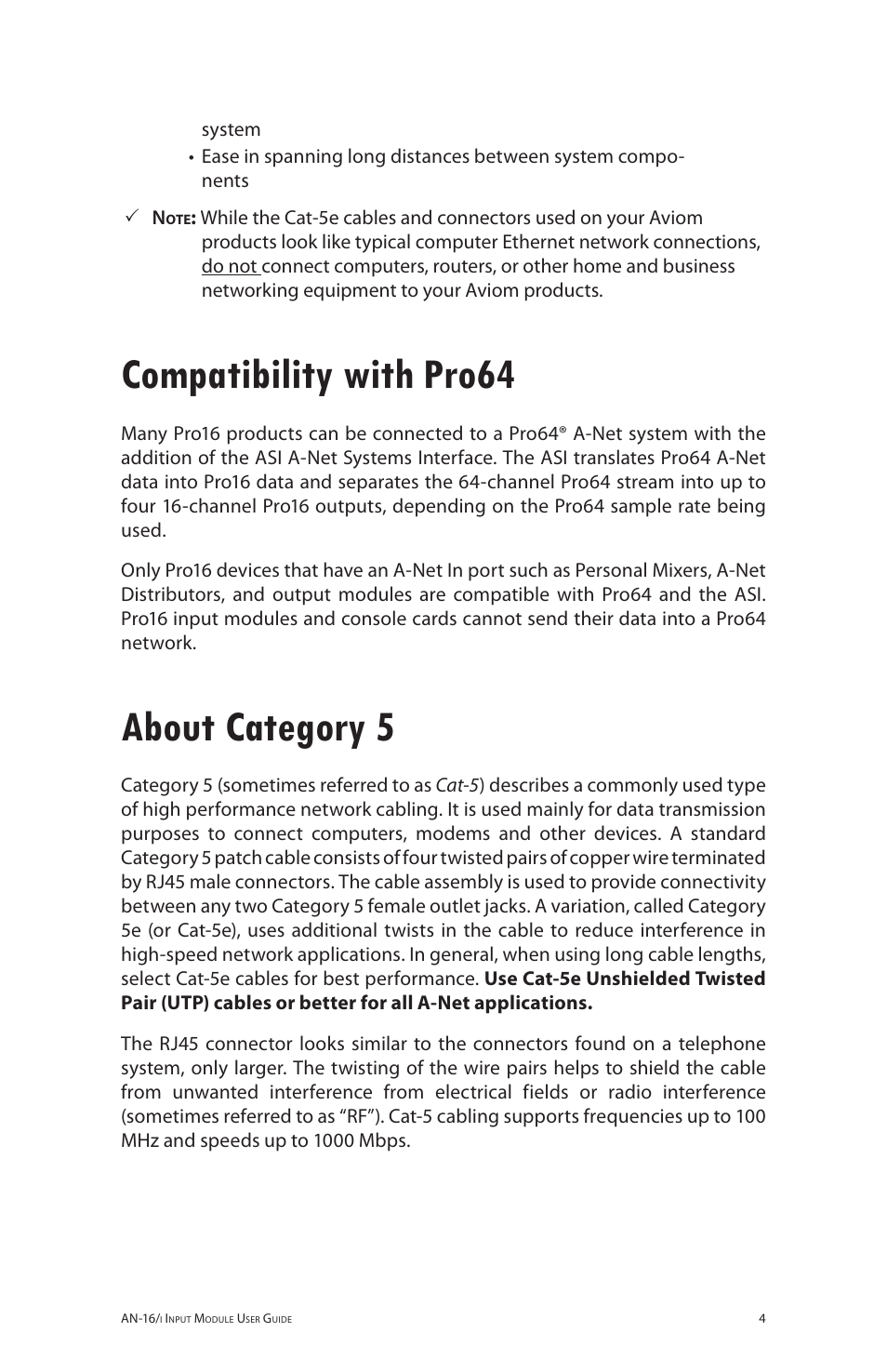 Compatibility with pro64, About category 5, Compatibility with pro64 about category 5 | Aviom AN-16/i User Manual | Page 12 / 55