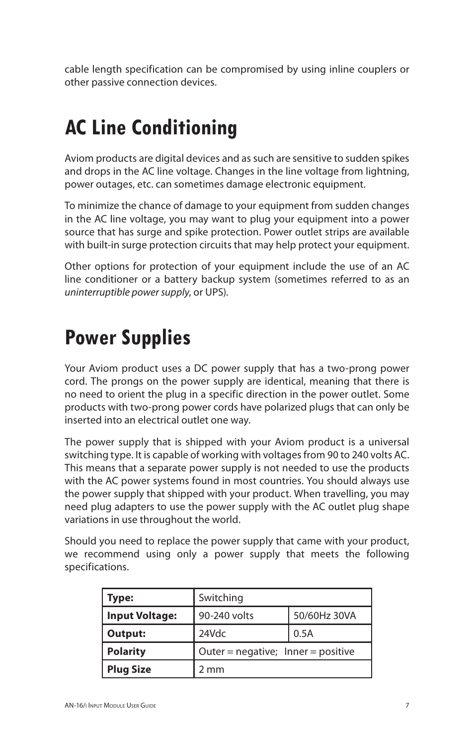 Ac line conditioning, Power supplies, Ac line conditioning power supplies | Aviom AN-16/i User Manual | Page 15 / 55