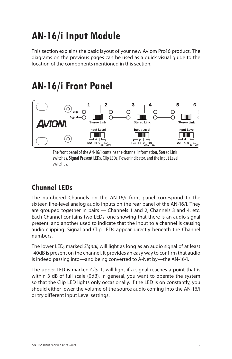 An-16/i input module, An-16/i front panel, Channel leds | An-16/i input module an-16/i front panel | Aviom AN-16/i User Manual | Page 20 / 55