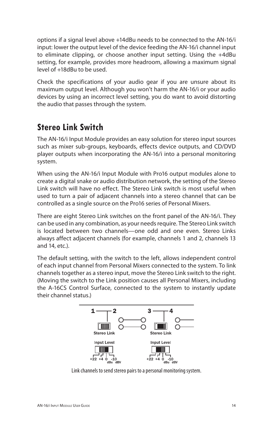 Stereo link switch | Aviom AN-16/i User Manual | Page 22 / 55