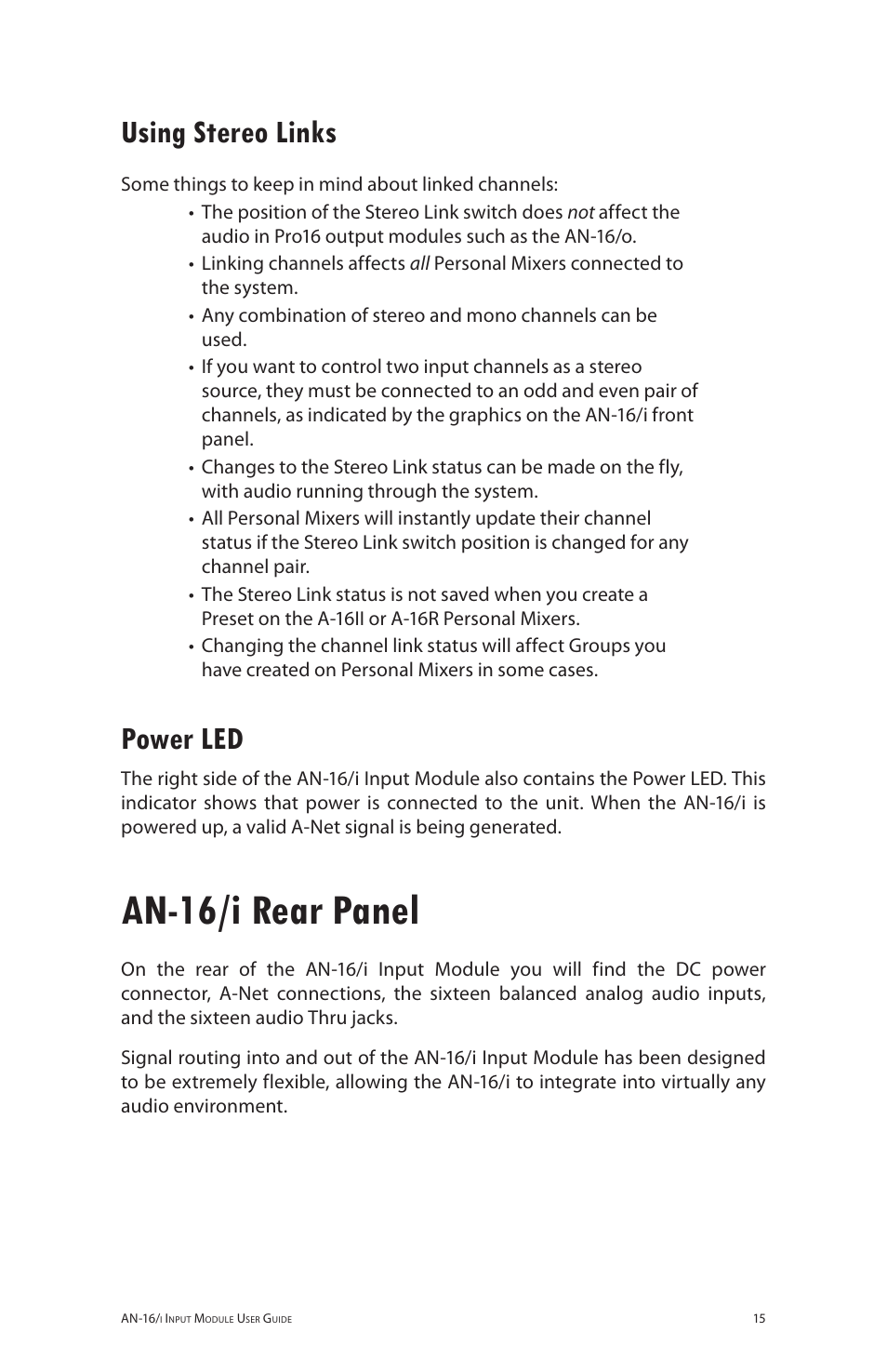 Using stereo links, Power led, An-16/i rear panel | Using stereo links power led | Aviom AN-16/i User Manual | Page 23 / 55