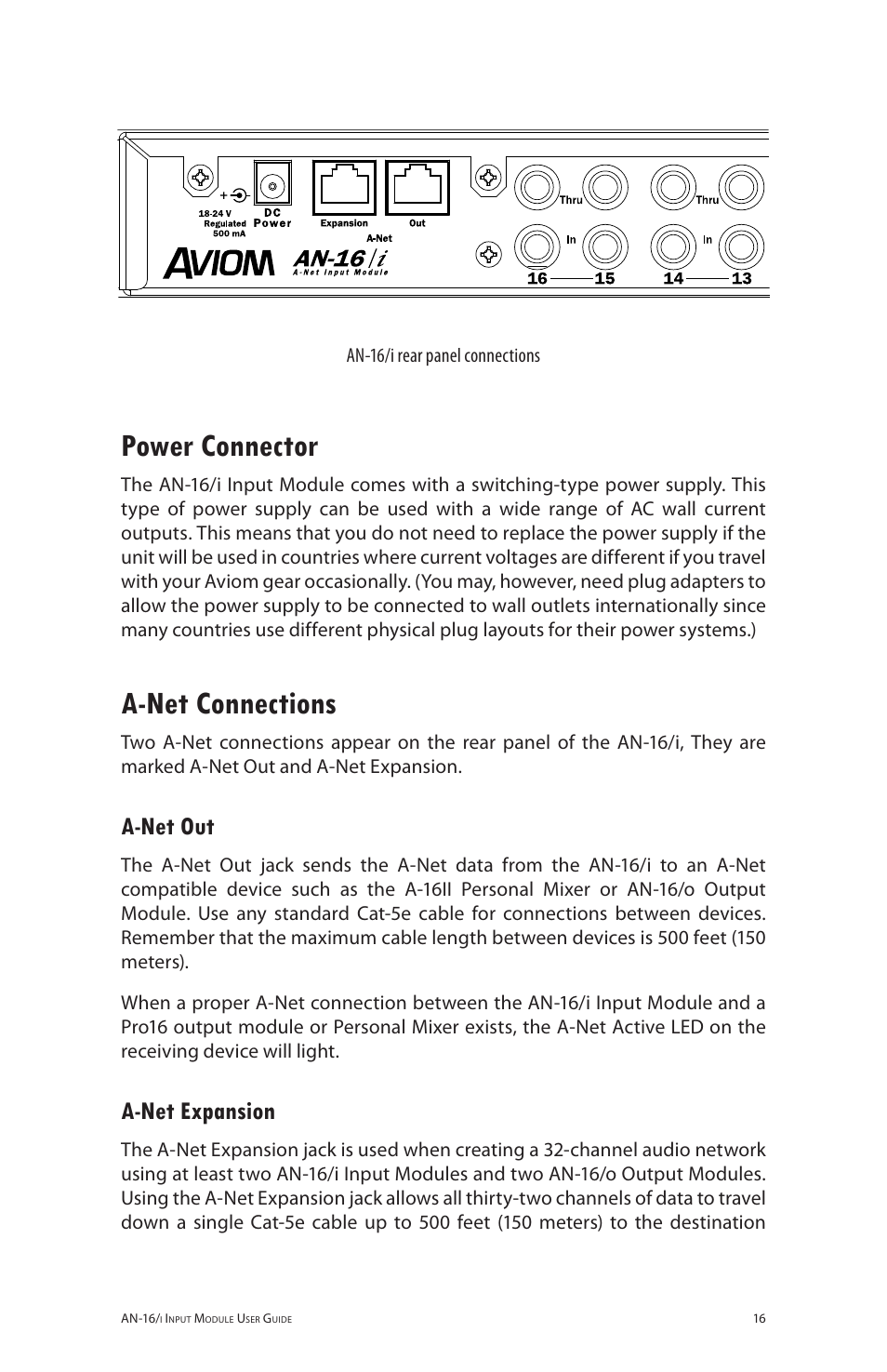 Power connector, A-net connections, A-net out | A-net expansion, Power connector a‑net connections, A‑net out a‑net expansion | Aviom AN-16/i User Manual | Page 24 / 55