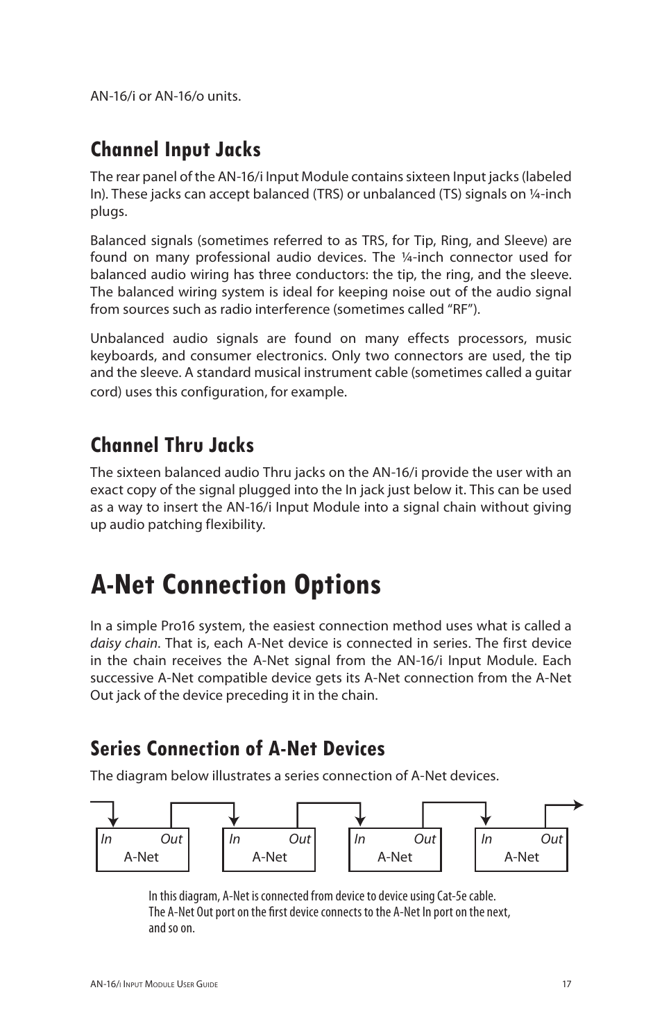 Channel input jacks, Channel thru jacks, A-net connection options | Series connection of a-net devices, Channel input jacks channel thru jacks, Series connection of a‑net devices | Aviom AN-16/i User Manual | Page 25 / 55