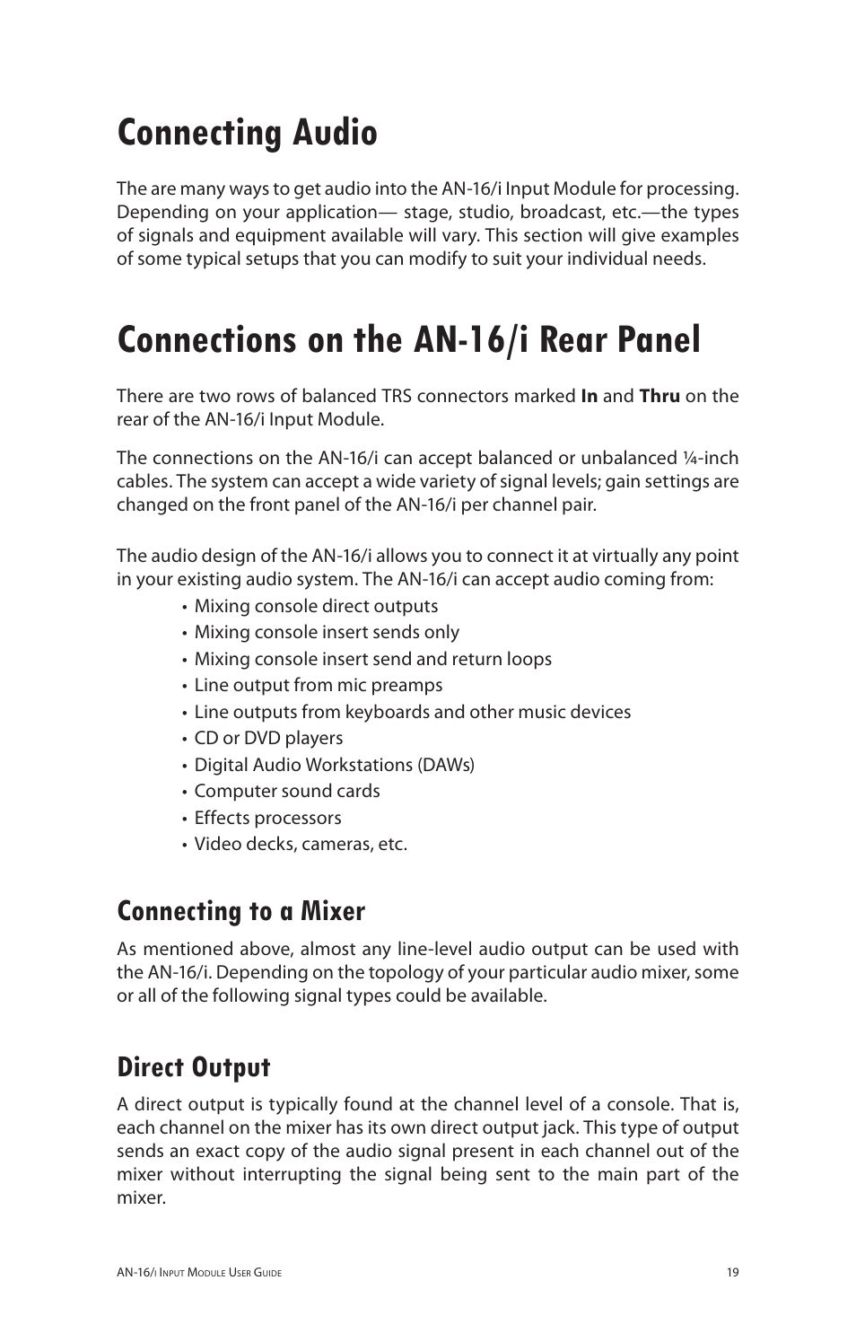 Connecting audio, Connections on the an-16/i rear panel, Connecting to a mixer | Direct output, Connecting to a mixer direct output | Aviom AN-16/i User Manual | Page 27 / 55