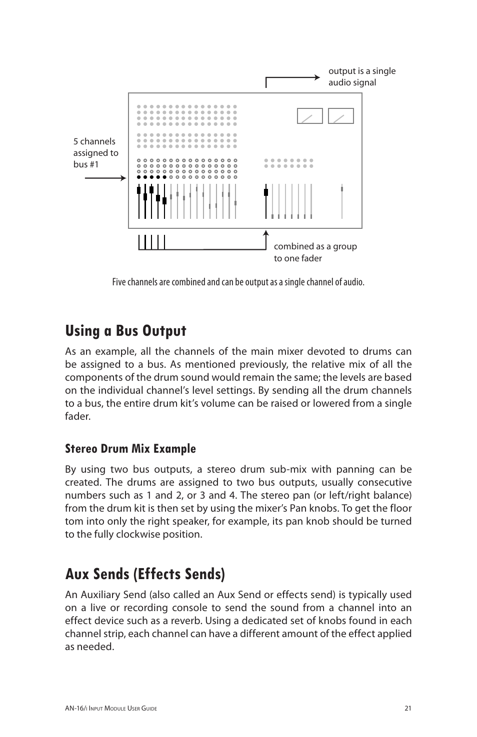 Using a bus output, Stereo drum mix example, Aux sends (effects sends) | Aviom AN-16/i User Manual | Page 29 / 55