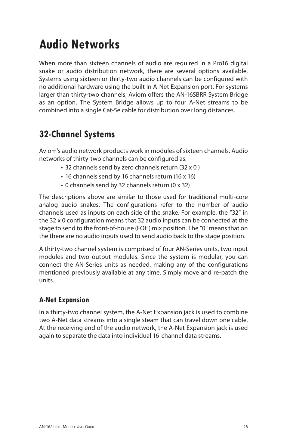 Audio networks, Channel systems, A-net expansion | 32‑channel systems, A‑net expansion | Aviom AN-16/i User Manual | Page 34 / 55