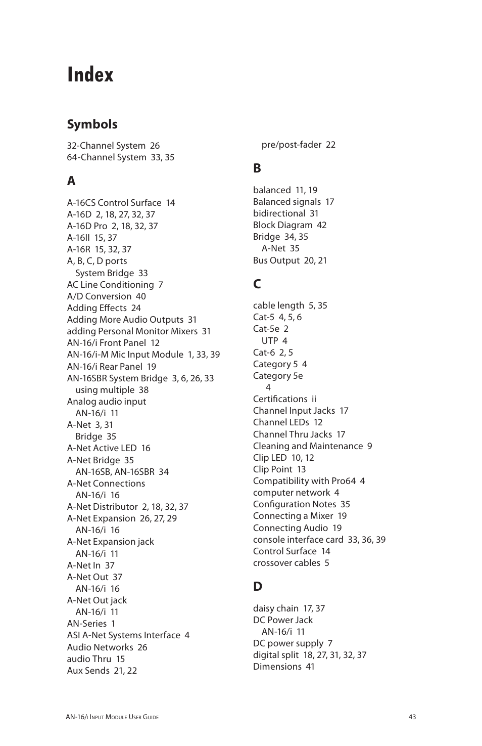 Index, Symbols | Aviom AN-16/i User Manual | Page 51 / 55