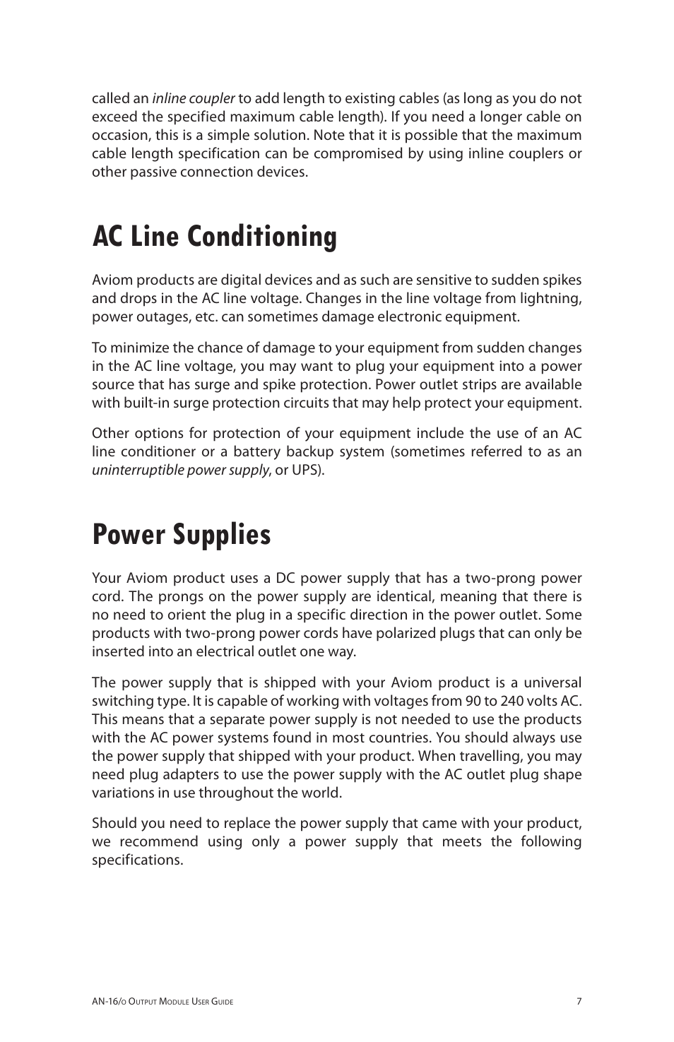 Ac line conditioning, Power supplies, Ac line conditioning power supplies | Aviom AN-16/o User Manual | Page 15 / 52