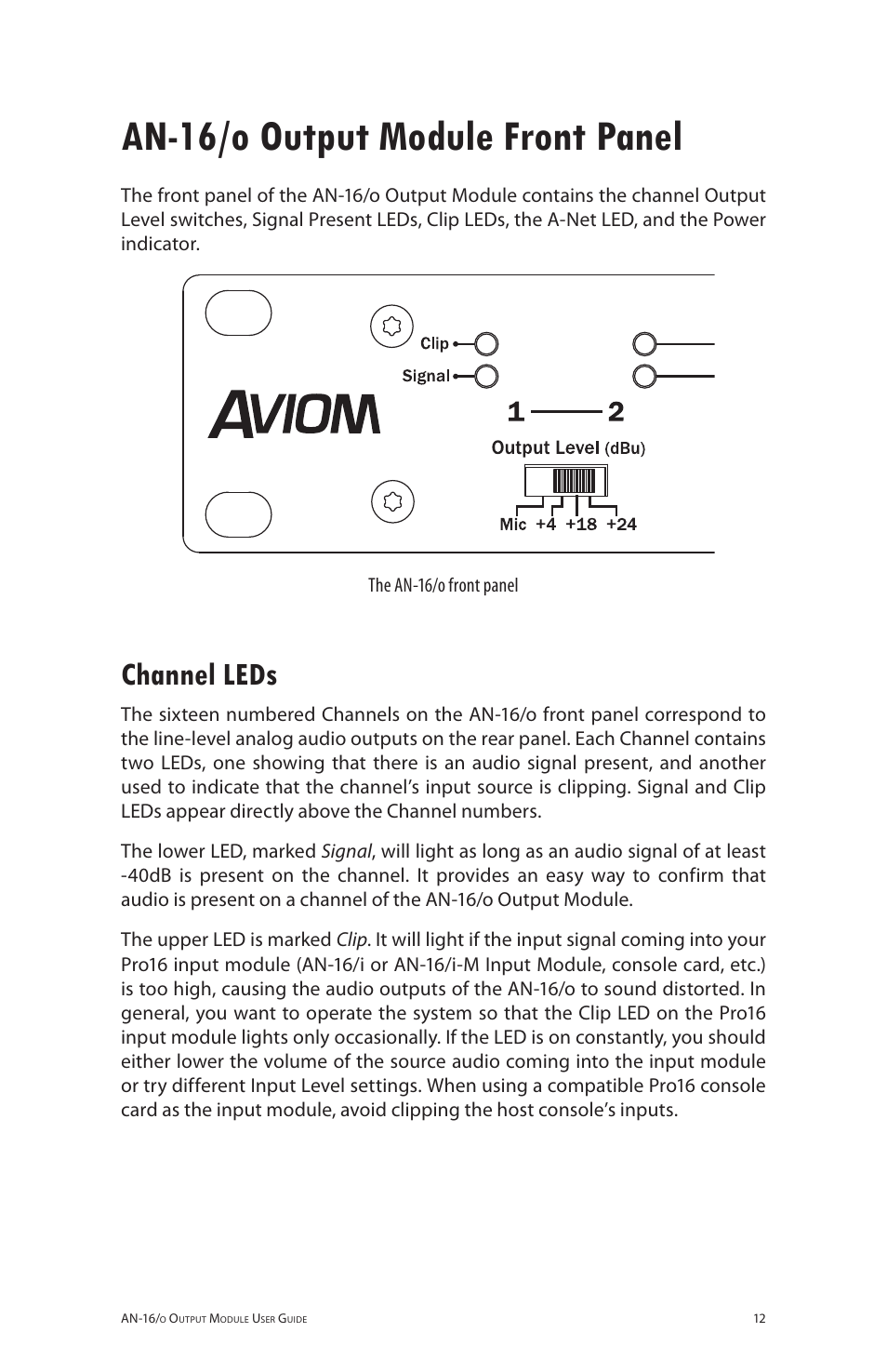 An-16/o output module front panel, Channel leds | Aviom AN-16/o User Manual | Page 20 / 52