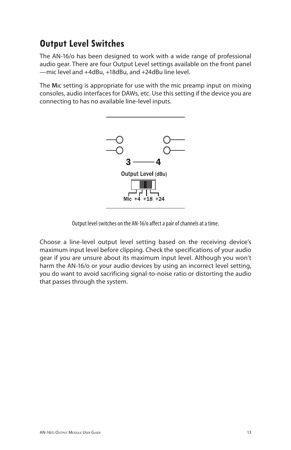 Output level switches | Aviom AN-16/o User Manual | Page 21 / 52