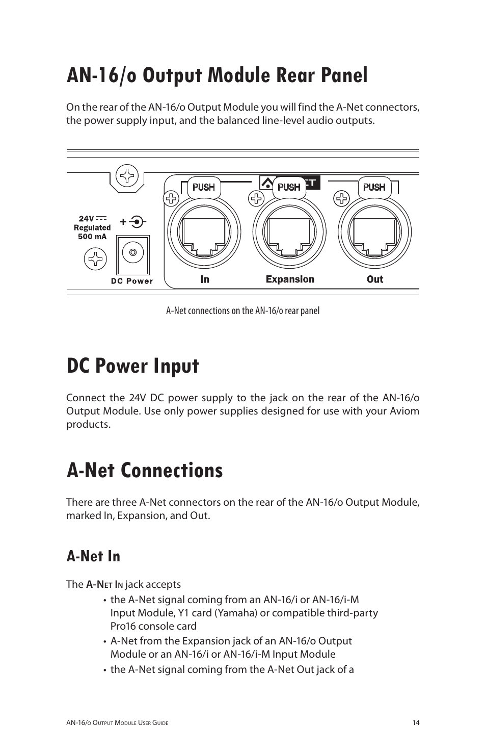 An-16/o output module rear panel, Dc power input, A-net connections | A-net in, A‑net in | Aviom AN-16/o User Manual | Page 22 / 52
