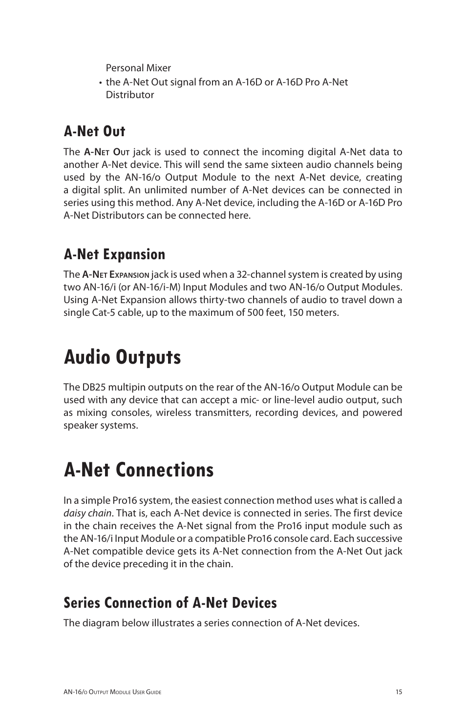 A-net out, A-net expansion, Audio outputs | A-net connections, Series connection of a-net devices, A‑net out a‑net expansion, Audio outputs a-net connections, Series connection of a‑net devices | Aviom AN-16/o User Manual | Page 23 / 52