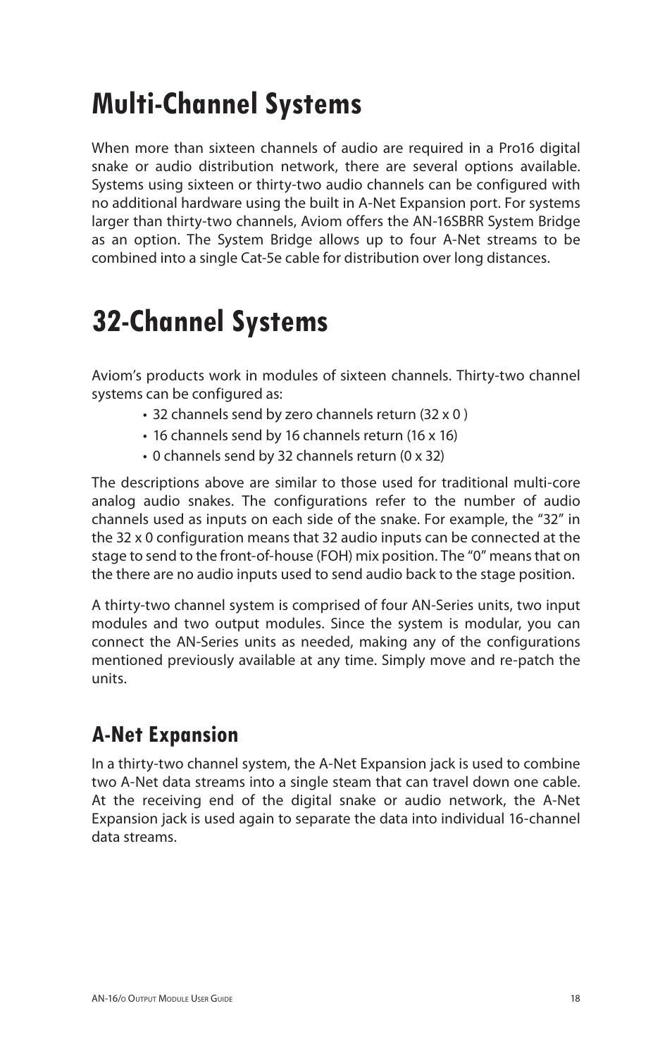 Multi-channel systems, Channel systems, A-net expansion | Multi-channel systems 32-channel systems, A‑net expansion | Aviom AN-16/o User Manual | Page 26 / 52
