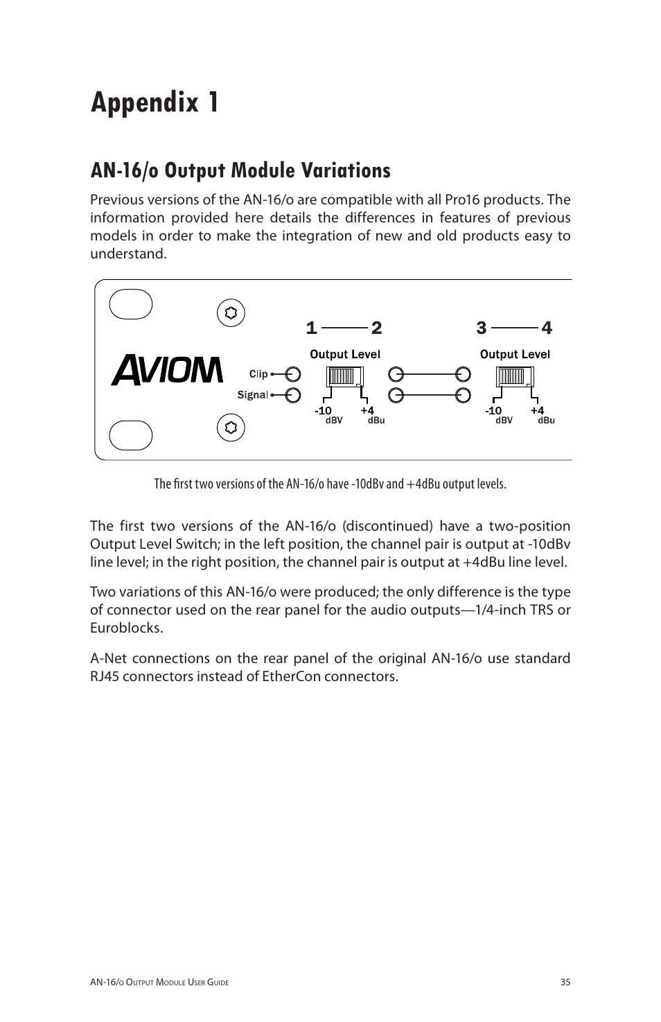 Appendix 1, An-16/o output module variations, An‑16/o output module variations | Aviom AN-16/o User Manual | Page 43 / 52