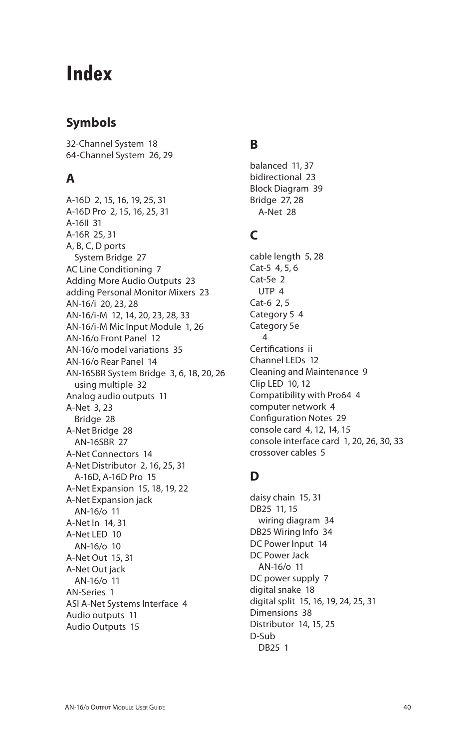 Index, Symbols | Aviom AN-16/o User Manual | Page 48 / 52