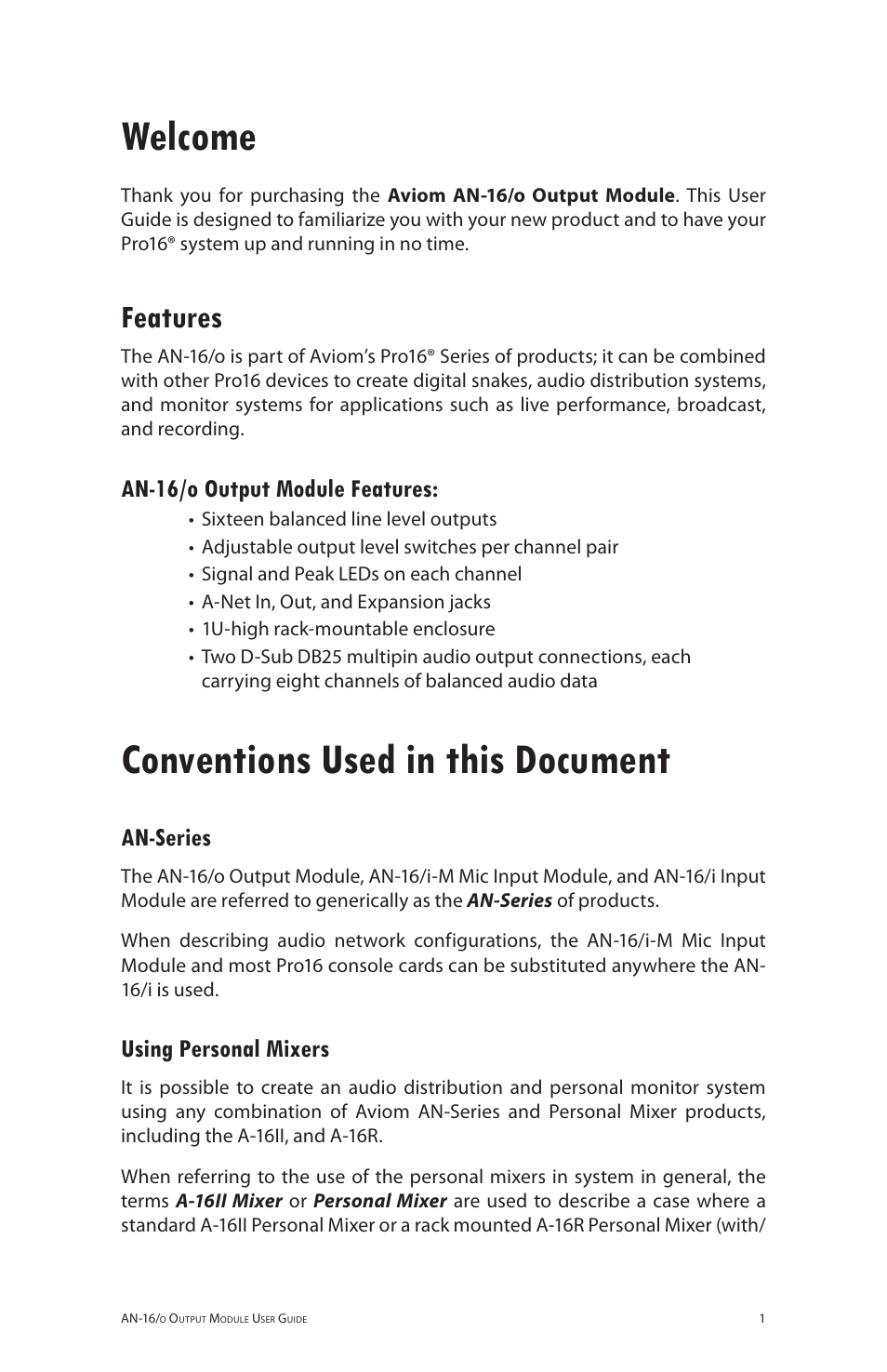 Welcome, Features, An-16/o output module features | Conventions used in this document, An-series, Using personal mixers, An‑16/o output module features, An‑series using personal mixers | Aviom AN-16/o User Manual | Page 9 / 52