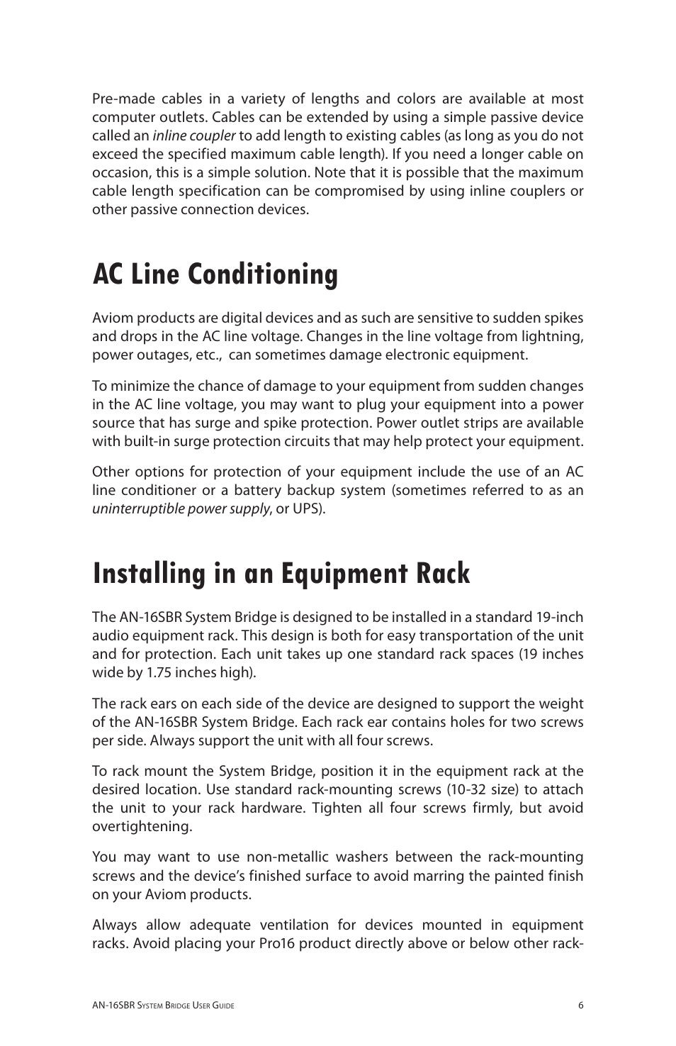 Ac line conditioning, Installing in an equipment rack | Aviom AN-16SBR User Manual | Page 13 / 24