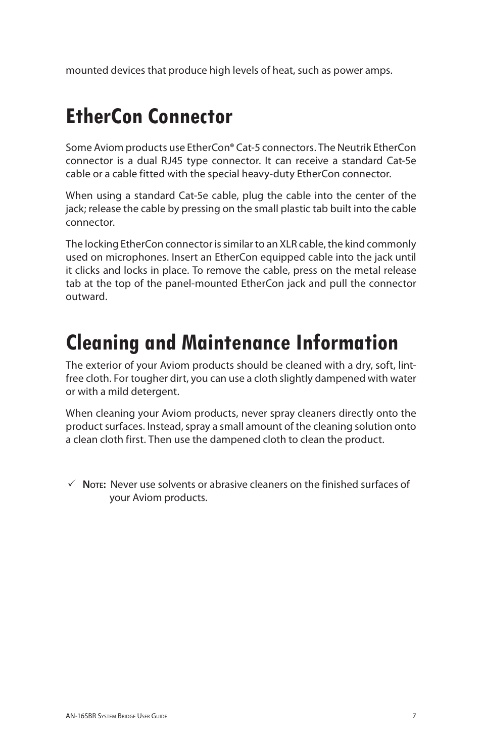 Ethercon connector, Cleaning and maintenance information | Aviom AN-16SBR User Manual | Page 14 / 24