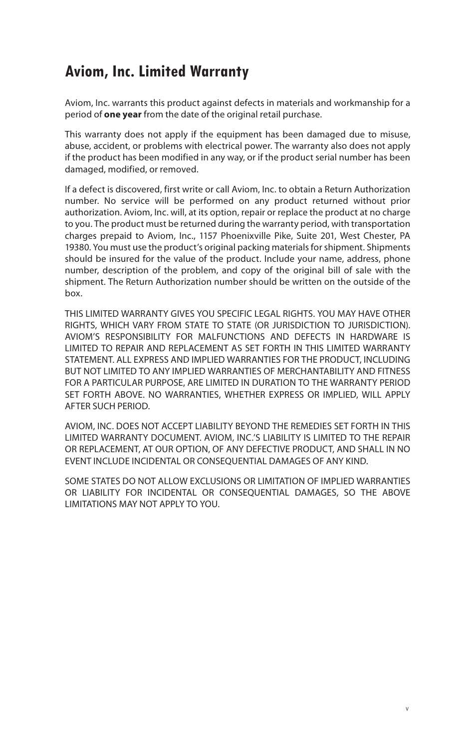 Aviom, inc. limited warranty | Aviom AN-16SBR User Manual | Page 5 / 24