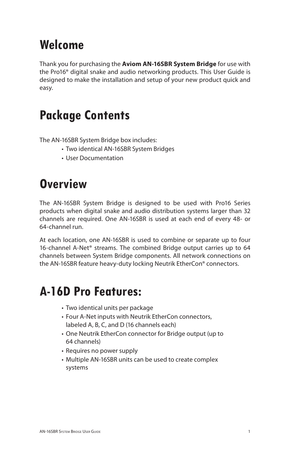 Welcome, Package contents, Overview | A-16d pro features | Aviom AN-16SBR User Manual | Page 8 / 24